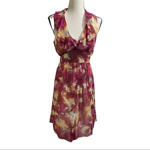 Chequer dress silk ruffle neckline sleeveless floral colorful. Womens size4